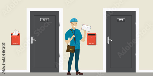 Happy caucasian postman hold letter. Closed doors and red mailboxes. Cartoon mailman in uniform. Entrance to apartments or house.