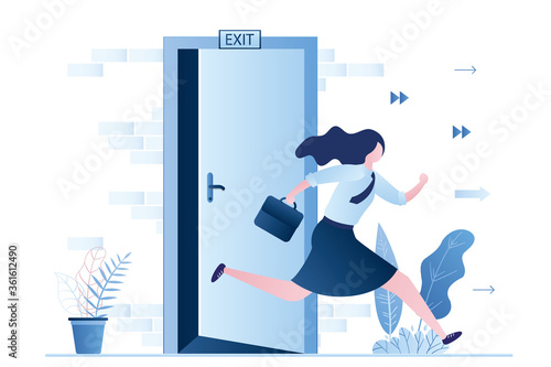 Woman employee, end of working day. Weekend time. Happy female character.