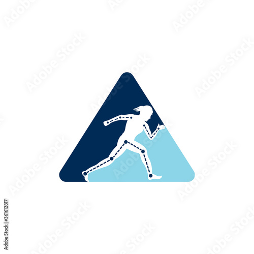 Physiotherapy treatment triangle shape concept logo design template vector with female runner. Colorful vector health. Physiotherapy clinic logo.