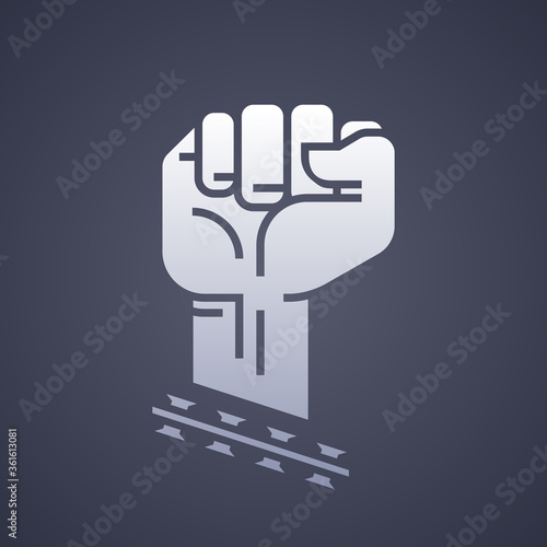 Fist logo with the razor wire symbol is in the vertical position. The silver logo is isolated on a dark blue background. Flat vector illustration, EPS 10.