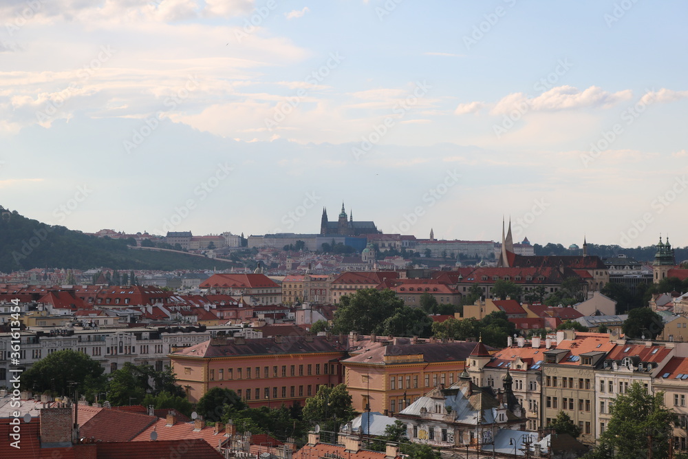 Panorama of the historical center of Prague on a summer cloudy day