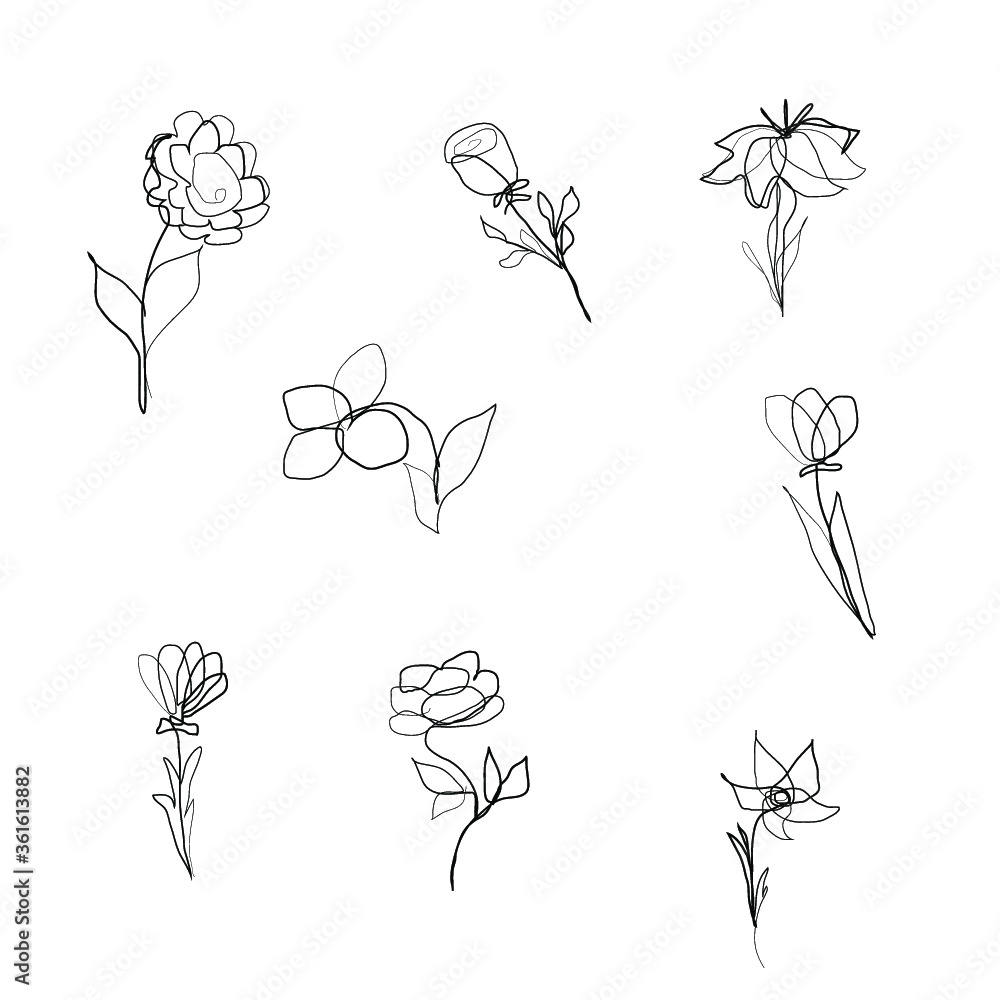vector set of hand-drawn flowers, outline illustration,  single line art