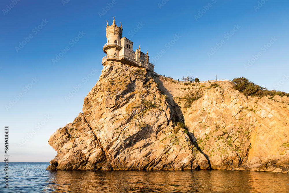 Swallow's Nest castle (1912) on the rock over the Black Sea early in the morning. Gaspra. Crimea, Russia