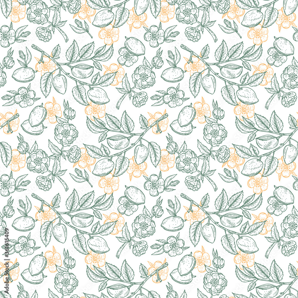 Hand drawn Seamless pattern. Branches with leaves and immature fruit. Blossoming almonds.Floral background. Vector illustration
Hand drawn Seamless pattern. Branches with leaves and immature fruit. Blossoming almonds.Floral background. Vector illustration