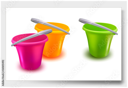 3d. Realistic Plastic Bucket on White background. Vector Set.	