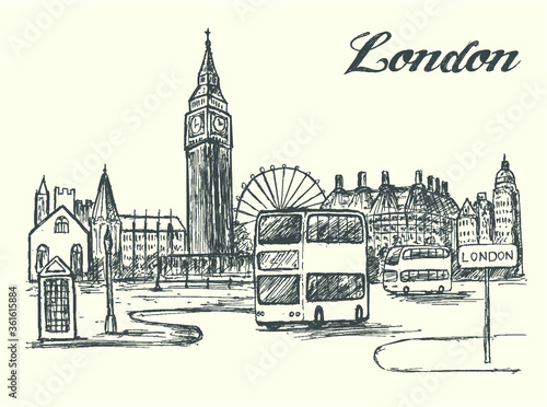 London city scene with double decker bus and city panorama on background.Sketch style,isolated,vector,illustration.