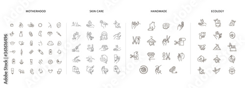 Vector icon and logo collection for pegnancy and gynecology, handmade and natural cosmetics, environmental protection and recycling. Editable outline stroke size. Line flat contour, thin and linear