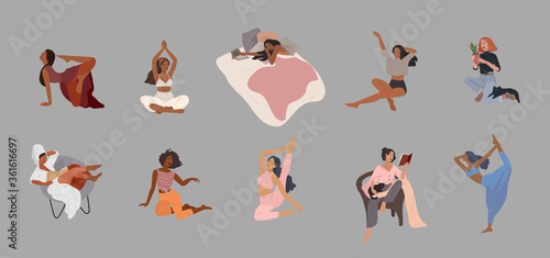 Set of beautiful girl character in daily life scenes. Young woman shopping, makes up, sleeping, relaxes, takes a bath, chooses clothes, drinking coffee. Flat cartoon vector