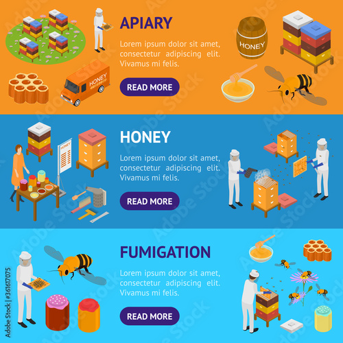 Apiary Concept Banner Horizontal Set 3d Isometric View. Vector