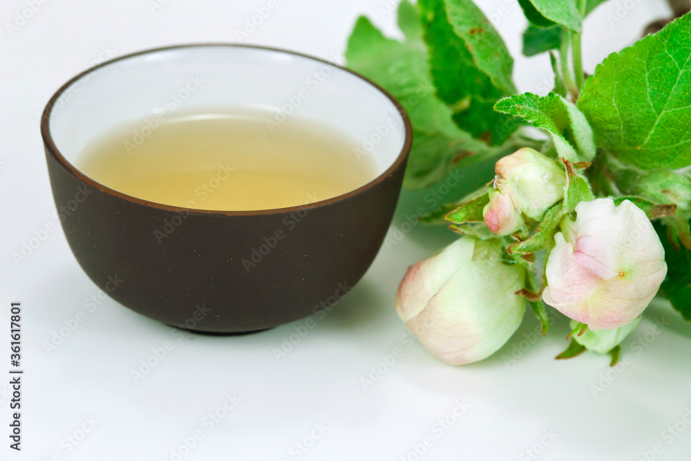 Cup of green tea with apple tree blossoming on a white background. Cup of green tea with apple tree blossoming on a white background.