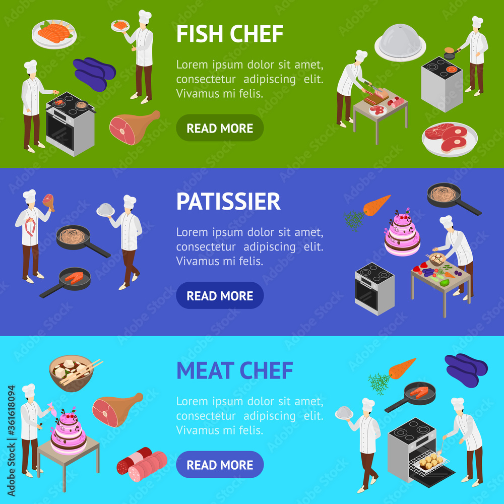 Fototapeta premium Character Chef Cooks Concept Banner Horizontal Set 3d Isometric View. Vector