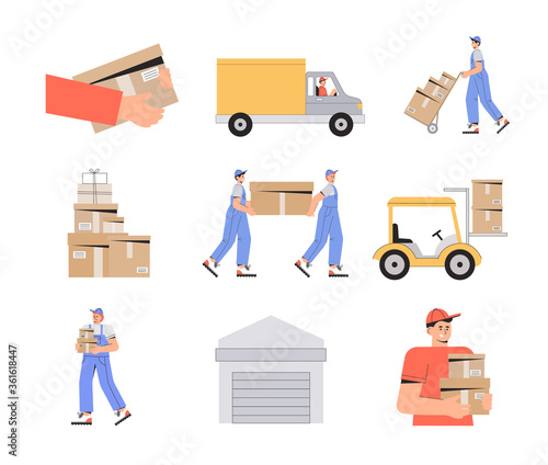 Warehouse delivery business illustration. Warehouse workers characters unloading boxes. Flat style vector illustration.
