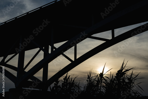 Bridge silhouette and vegetation of  Molins de Rei   Barcelona  against the sunset.