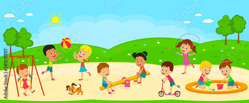 Fototapeta Naklejka Na Ścianę i Meble -  kids, boys and girls are playing on the playground, illustration,vector