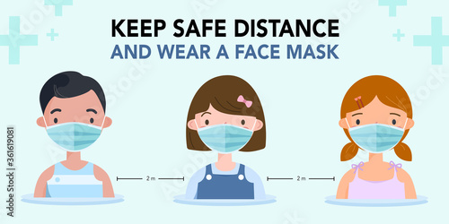 Coronavirus prevention with social distancing wearing face mask. Children wearing medical masks and keep safe distance at school to protect from Covid19 pandemic. vector illustration