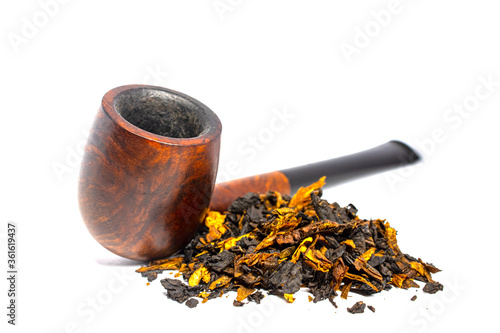Smoking briar pipe with tobacco on a white background