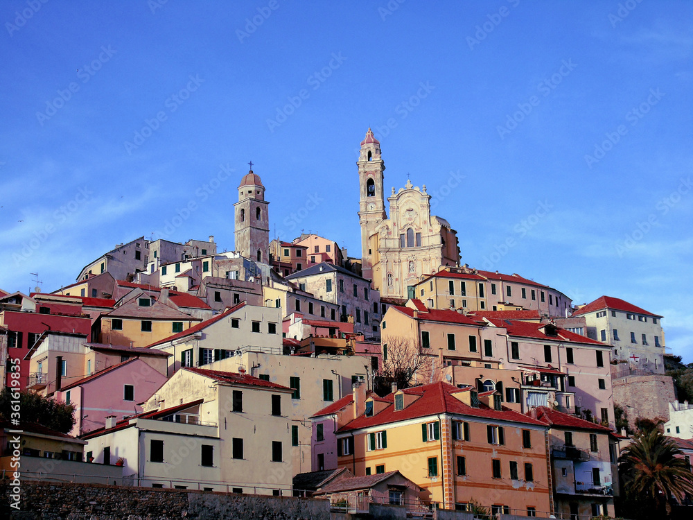 Cervo Ligure, Italy - 06/15/2020: Travelling around the Riviera Ligure in summer days. Beautiful photography of the small vilagges near the sea with typical old buildings.