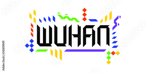 Colorful vector logo font of the city of Wuhan, in a geometric, playful finish. The abstract Asiatic ornament is a great representation of a tourism-oriented, dynamic, innovative culture of China.