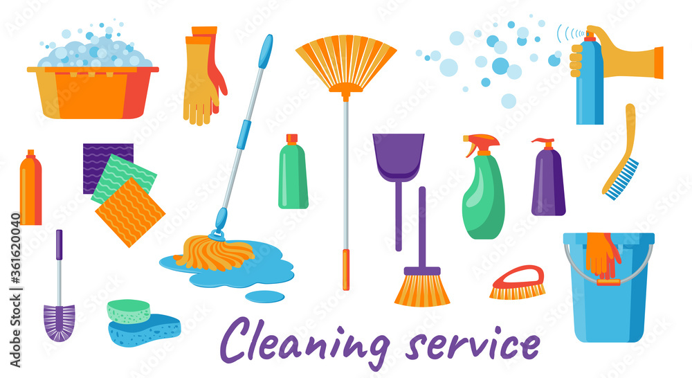 Set of cleaning supplies tools accessories: buckets, tools, brushes, basins, gloves, sponges. Household supplies, cleaning up debris and dust