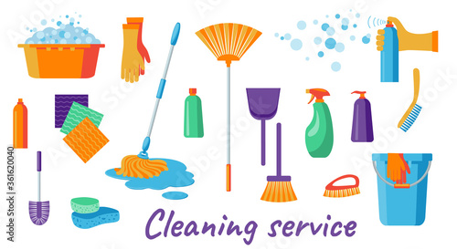 Set of cleaning supplies tools accessories: buckets, tools, brushes, basins, gloves, sponges. Household supplies, cleaning up debris and dust