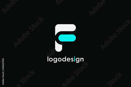 Abstract Initial Letter F Logo. White Blue Linear Rounded Style isolated on Black Background. Usable for Business and Branding Logos. Flat Vector Logo Design Template Element