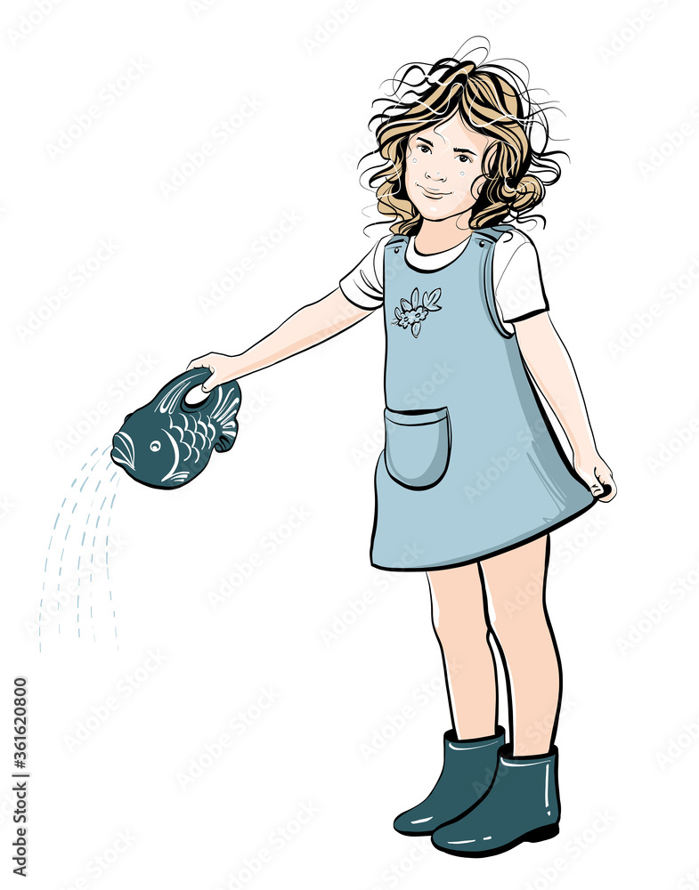 Vector illustration. A little girl watering flowers. Modern sketch on a white background. Vector illustration. A little girl watering flowers. Modern sketch on a white background.