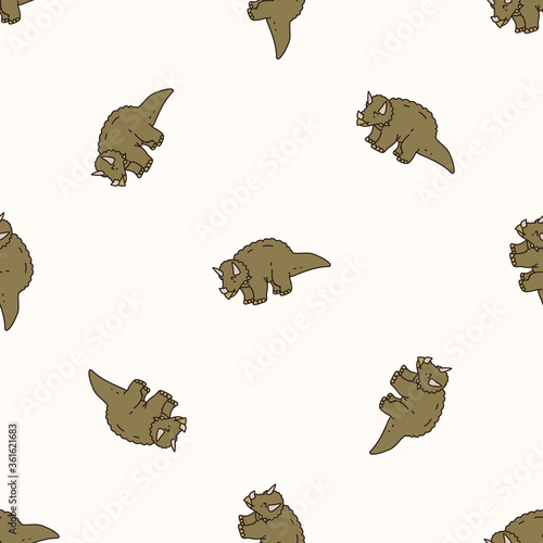 Seamless background Triceratops dinosaur gender neutral baby pattern. Simple whimsical minimal earthy 2 tone color. Kids nursery wallpaper or boho cartoon animal fashion all over print.