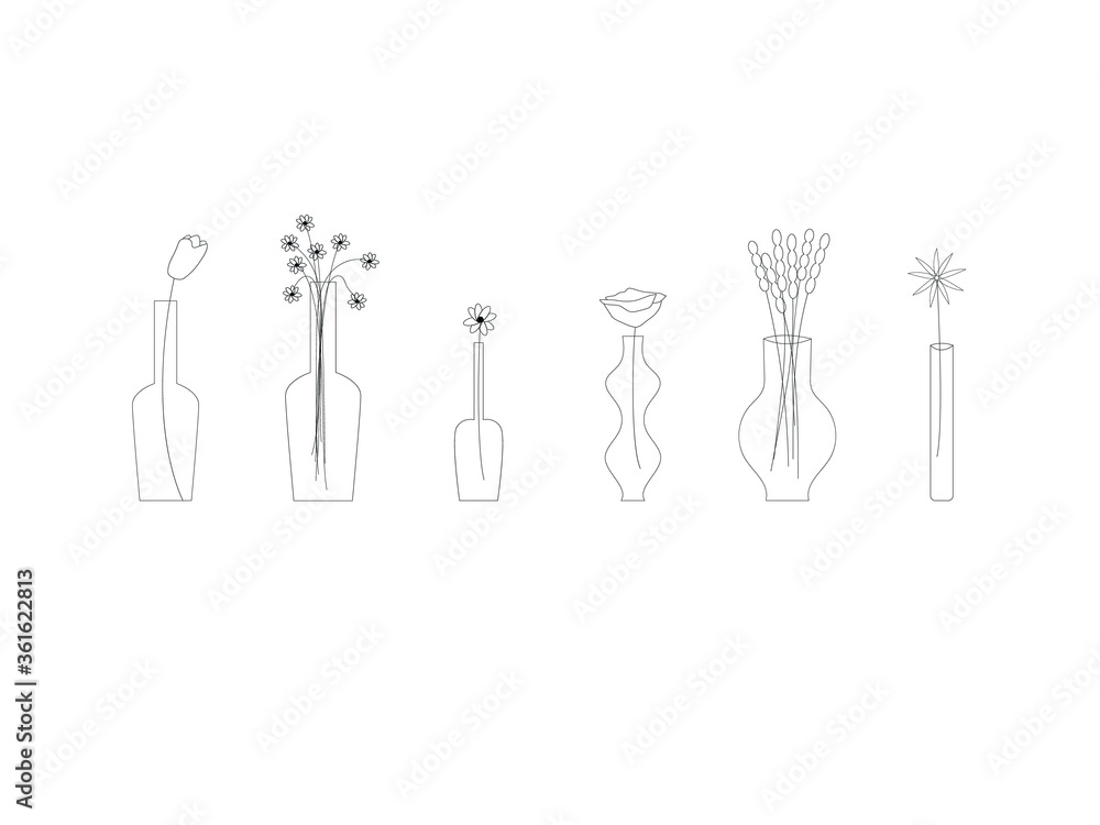 Simple flowers in a vase as vector illustration. Set of different Greeting card, t-shirt print, flower logo for a shop, cover. Wedding background. Romantic wallpaper. Modern flowers graphic. 