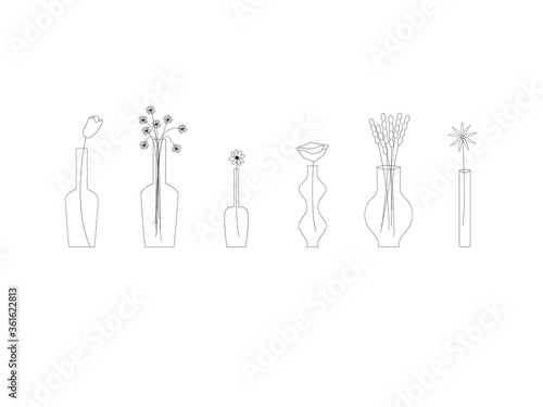 Simple flowers in a vase as vector illustration. Set of different Greeting card, t-shirt print, flower logo for a shop, cover. Wedding background. Romantic wallpaper. Modern flowers graphic. 