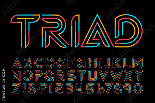 Triad is a Tricolor Primary Colored Alphabet; This Font has a Sleek and Modern Feel, Useful for High-Tech Lettering Applications