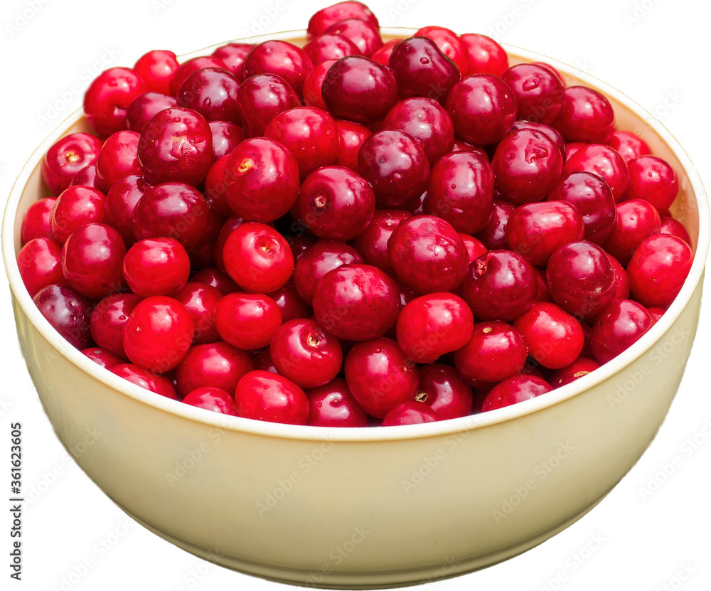 Fresh cherries in beige bowl isolated on white background Fresh cherries in beige bowl isolated on white background