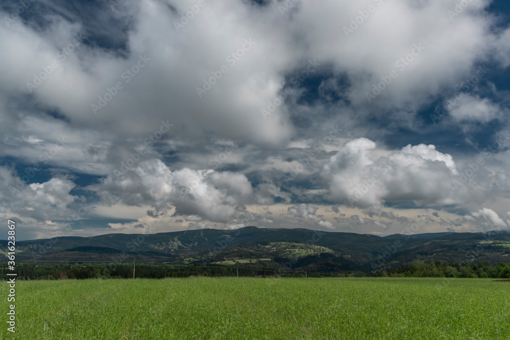Green field and meadows with blue sky and white clouds in Krkonose national park Green field and meadows with blue sky and white clouds in Krkonose national park