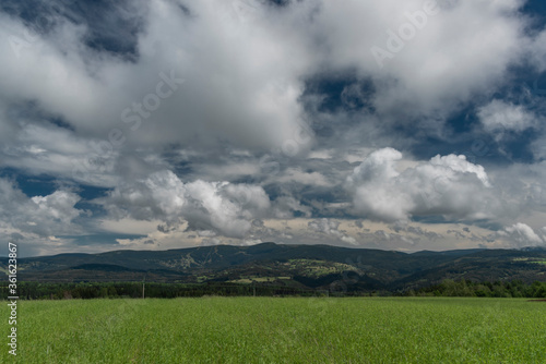 Green field and meadows with blue sky and white clouds in Krkonose national park