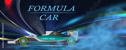 Formula sportcar with dust cloud. Side view turquoise bolid