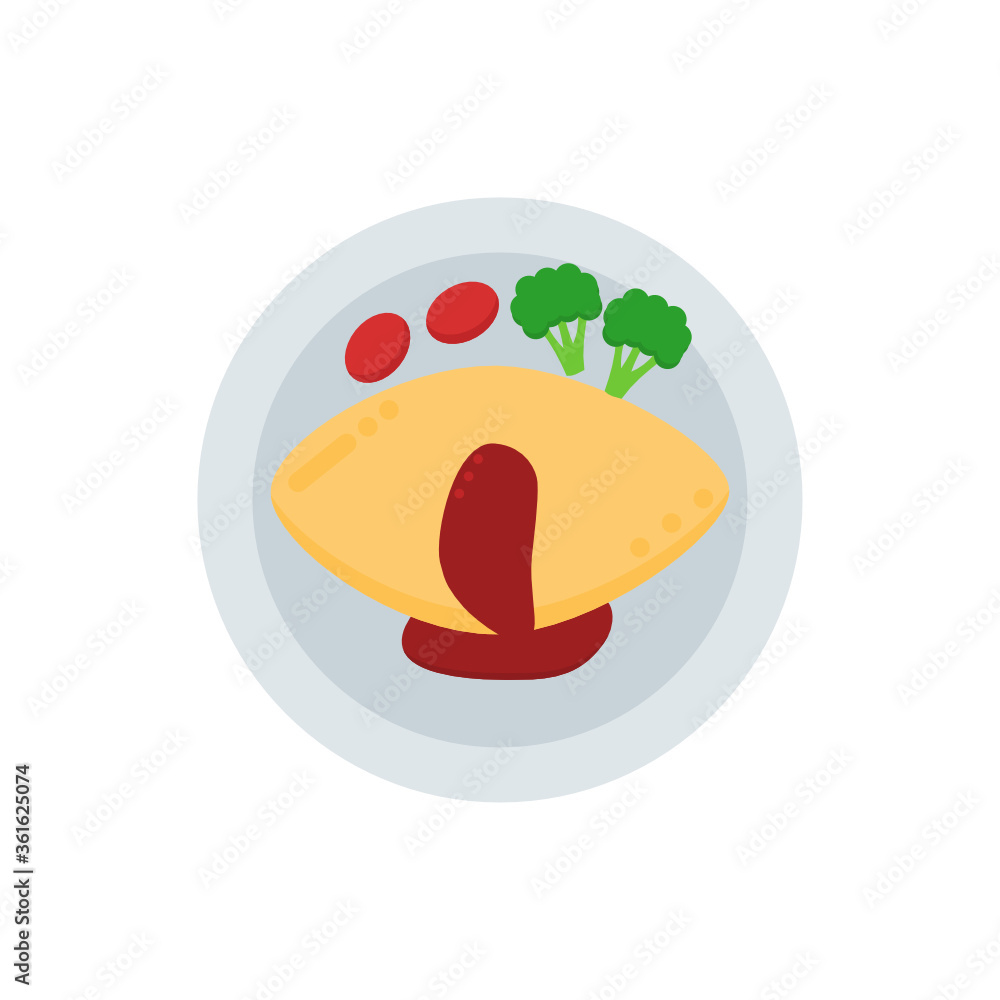 Omurice, Japanese omelette rice with tomato and broccoli, top view omelette rice with sauce Omurice, Japanese omelette rice with tomato and broccoli, top view omelette rice with sauce