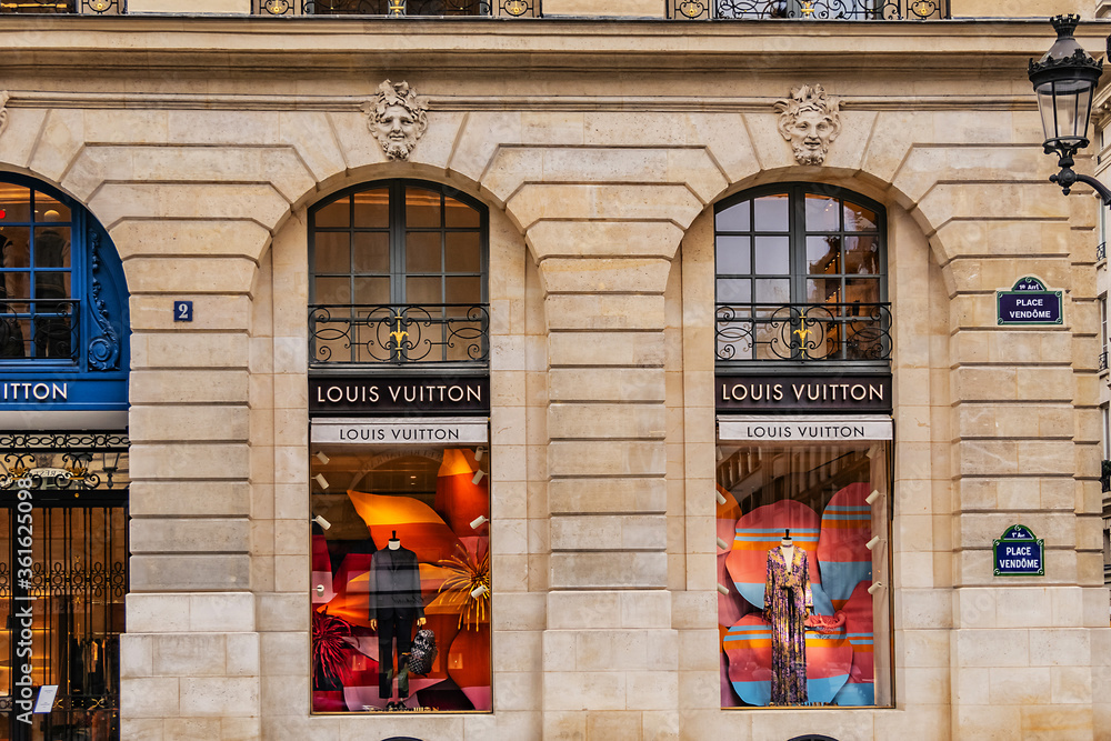 View of French luxury fashion house Louis Vuitton. Flagship store opened in  heart of Place Vendome 