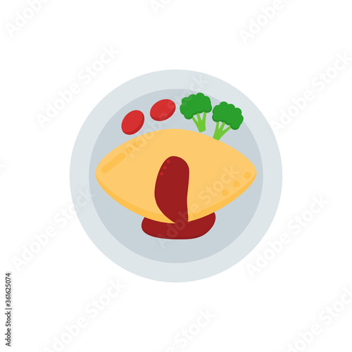 Omurice, Japanese omelette rice with tomato and broccoli, top view omelette rice with sauce