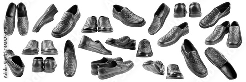 Set of variations of foreshortenings black men shoes in perspective isolated on white background. Elastic sided shoes. Side gusset shoes. Lazyman shoes. Flying of objects. Concept levitation in air.