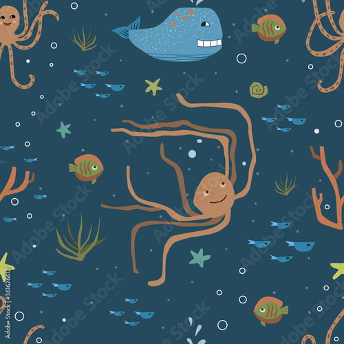 Ocean creatures seamless pattern vector illustration. Octopus, whale, fishes, corals on a dark blue background. Wrapping papper or textile marine design. Set of underwater cute characters. KIds theme.