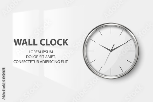 Vector 3d Realistic Simple Round Silver Wall Office Clock with White Dial Closeup Isolated on White Background. Design Template, Mock-up for Branding, Advertise. Front View