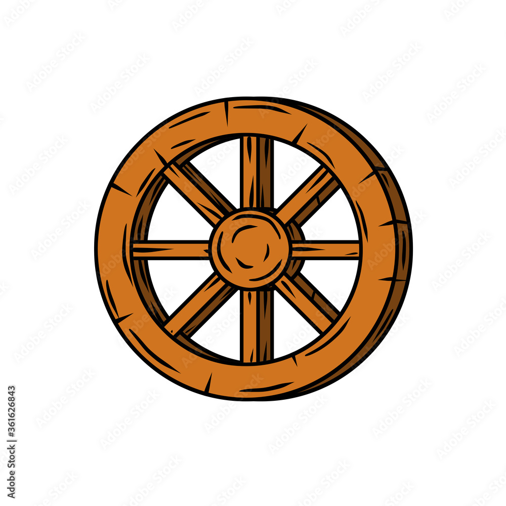Wooden cart wheel. Old object with cracks. Element of the village and medieval. Detail of the mechanism for the ride. Cartoon illustration