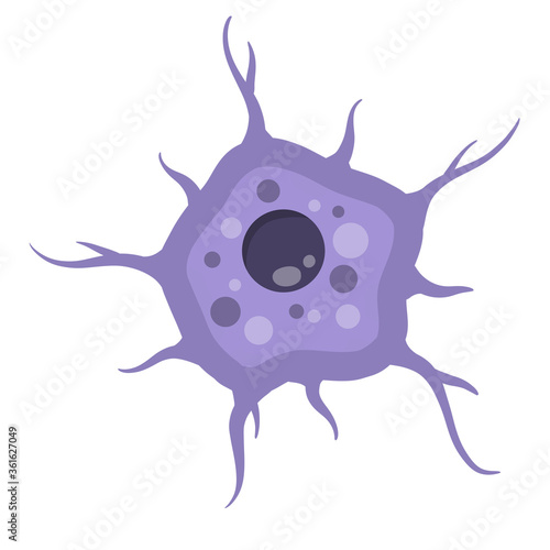 Blue neuron cell. Membrane and the nucleus. Scientific cartoon illustration. Microbiology and mind. Brain activity and dendrites
