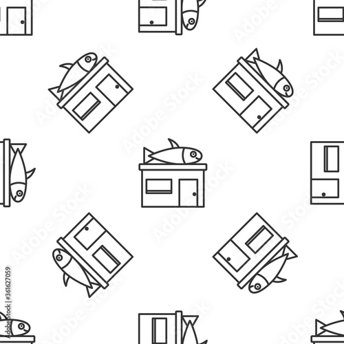 Grey line Seafood store icon isolated seamless pattern on white background. Facade of seafood market. Vector..