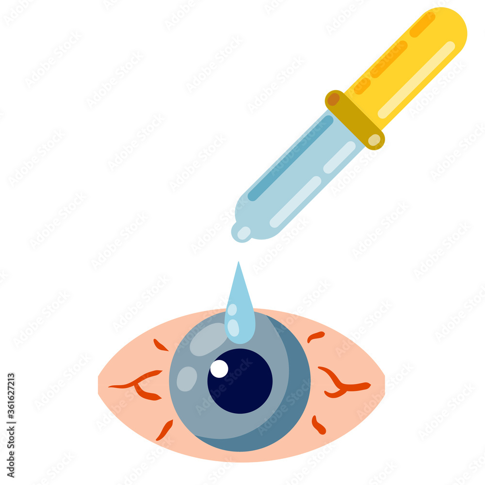 Pipette and eyedropper. Flat Drop of water. Blue human pupil. Red eye
