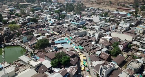 Sky View Of Houses & Different Building In Trimbak Maharashtra India On A Sunny Day - Aerial Shot photo
