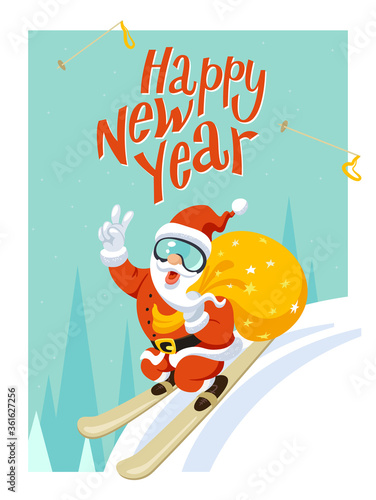 Christmas,New year Illustration,card. Santa Claus jumping from springboard.Near hare and owl,forest landscape.Trendy flat design,simple image.Winter sport.Vector humorous Illustration.