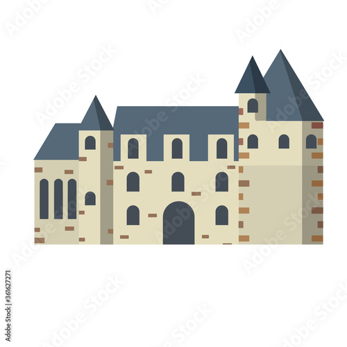Castle of Chenonceau. French tourist attraction. Travel to Europe. Medieval house and city. Flat cartoon illustration. Stone Palace with tower and wall