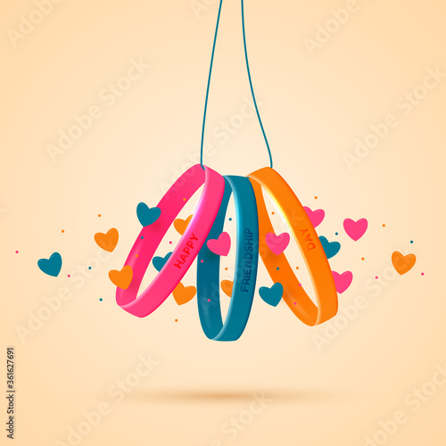 Friendship day. Three rubber silicone bracelets with inscriptions of congratulations on one rope. Happy holiday of amity. Vector illustration.