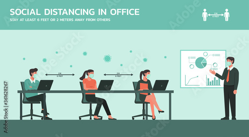 business people meeting together in meeting room wearing mask and maintain social distancing to prevent coronavirus disease, new normal office lifestyle concept, vector flat illustration