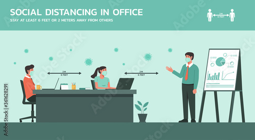 businessman and businesswoman working together in meeting room wearing mask and maintain social distancing to prevent coronavirus disease, new normal office lifestyle concept, vector flat illustration